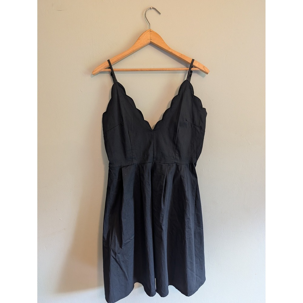 Black Scalloped V-Neck Mini Dress Cotton Stretch Little Black Dress Cute Comfort